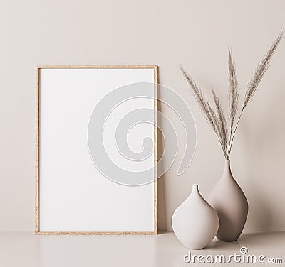 Vertical wooden frame mock up. Wooden frame poster, and simple vase with pampas on beige wall Cartoon Illustration