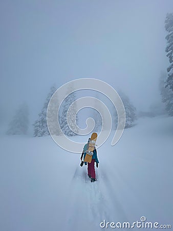 VERTICAL: Young female snowboarder hikes up a hill covered in fresh powder snow. Stock Photo