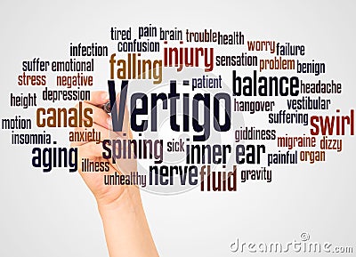 Vertigo word cloud and hand with marker concept Stock Photo