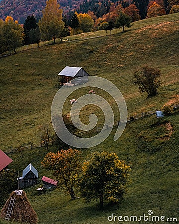 Vertival shot of village houses on the hill Stock Photo