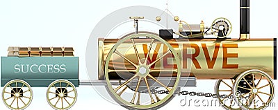 Verve and success - symbolized by a retro steam car with word Verve pulling a success wagon loaded with gold bars to show that Cartoon Illustration