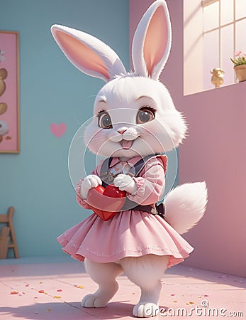 A very adorable anthropomorphic rabbit holding a toy, smiling. Stock Photo