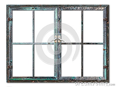 Very aged wooden window frame with cracked paint on it, mounted on a grunge wall Stock Photo