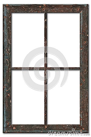 Very aged wooden window frame with cracked paint on it, mounted on a grunge wall Stock Photo