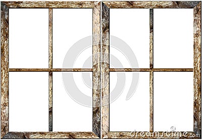 Very aged wooden window frame with cracked paint on it, mounted on a grunge wall Stock Photo