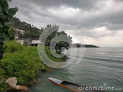 very beautiful scenery on the edge of Lake Toba Pangururan Stock Photo