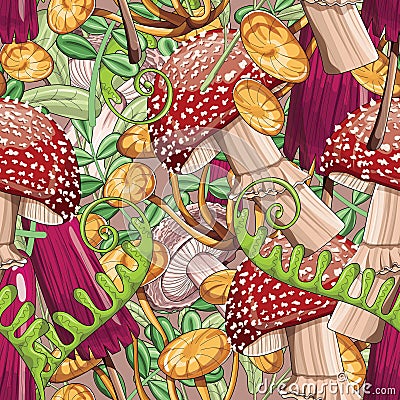Very bright seamless pattern of colored large mushrooms and leaves. Bright mushrooms. A lot of mushrooms. Fabric Vector Illustration