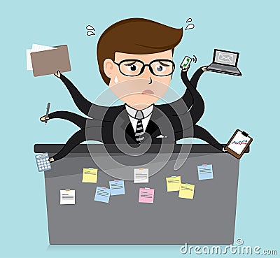 Very busy business man cartoon, business concept, Stock Photo