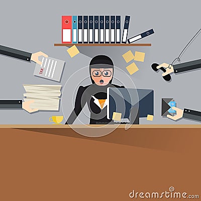 Very busy business woman working her desk in office with a lot of paper work, talking on smart phone. Business concept on Stock Photo