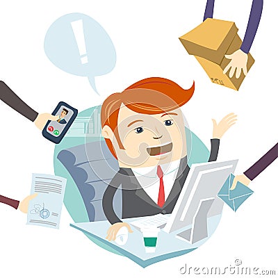 Very busy office man working hard Vector Illustration