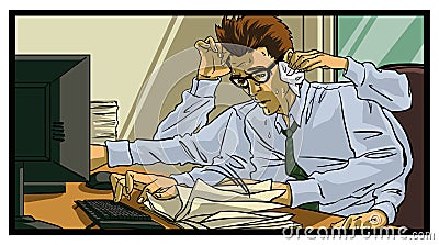 Very busy office worker. Vector Illustration