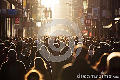 A very busy street with people at sunset. Oncoming sun. Stock Photo