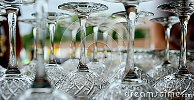 Very close legs of wine glasses that stand upside down on the table Stock Photo