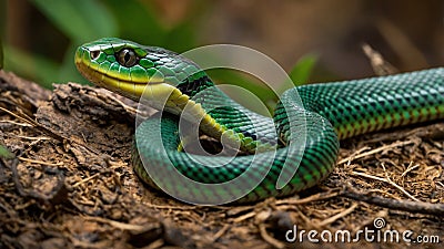 Very closeup side view head of Green Tree Python Morelia viridis also known as the Emerald Green Python Stock Photo