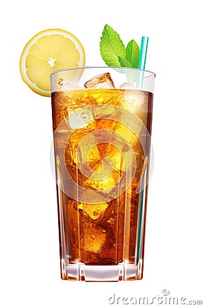 Very cold crystal glass with lemon ice tea on cutout PNG transparent background. Generative AI Stock Photo