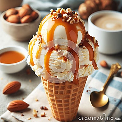 Very creamy ice cream in its edible glass, bathed in caramel and honey Stock Photo