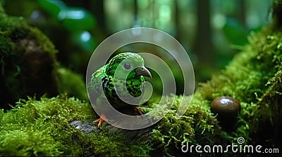 A Very Cute Little Shamrock Bird In A Mossy Forest Blurry Background Stock Photo