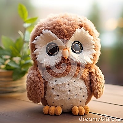 Very cute plush brown owl on table next to flower pot Stock Photo