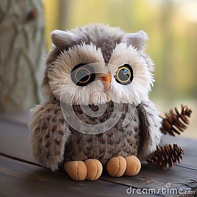 Very cute plush gray owl on table on table in garden Stock Photo