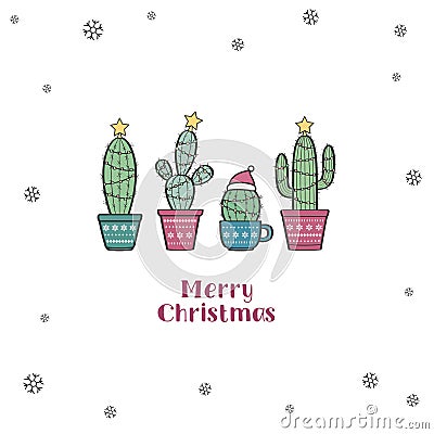 Very cute tiny Christmas greeting card with cactuses Vector Illustration