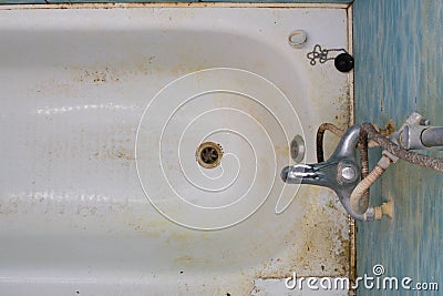 Very dirty bathroom. Very dirty bath, water drain, sewerage, water faucet mixer tap Stock Photo