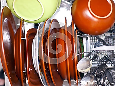 Dirty dishes in the dishwasher Stock Photo