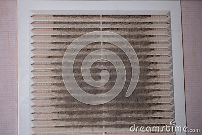 Very dirty and dusty white plastic ventilation grill. Ventilation shaft in the apartment. dirty air filter. House cleaning concept Stock Photo