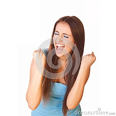 Very excited woman clenched fists Stock Photo