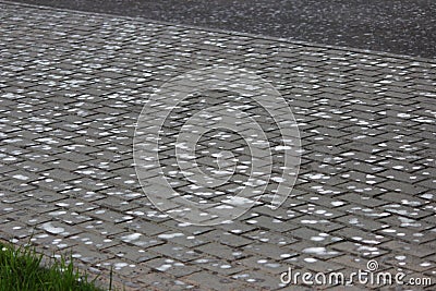 the very first drops of rain on the sidewalk tile. the beginning of a summer shower Stock Photo