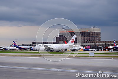 The very first JAL Japan Airlines flight to Moscow Sheremetyevo Editorial Stock Photo