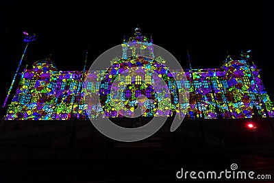 The very first video mapping celebrating the new year projected on the building of the Narodni muzeum National Museum in Prague Editorial Stock Photo