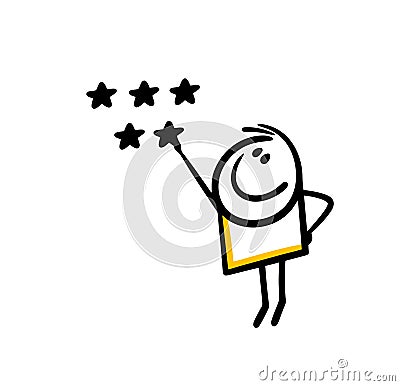 Very glad little stickman holds five stars quality mark in the service. Vector Illustration