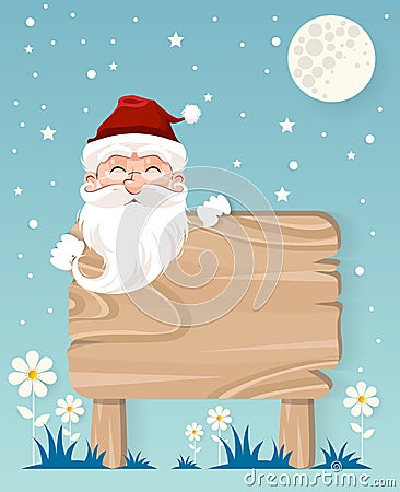 Very Happy winter,santa claus and with wood sign Vector Illustration