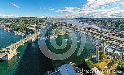 Large Panoramic View of Seattle and I-5 Bridge Lake Union Washington State Editorial Stock Photo