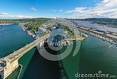 Large Panoramic View of Seattle and I-5 Bridge Lake Union Washington State Editorial Stock Photo