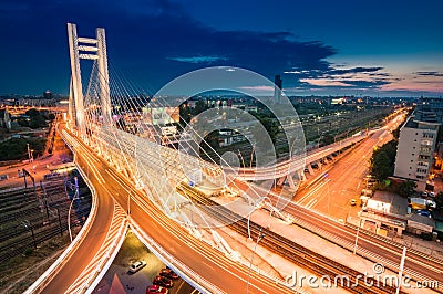 Very high top view on Basarab Bridge at night, in Bucharest, Ro Editorial Stock Photo