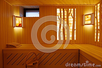 Very hot Russian bath, interior in warm colors Stock Photo