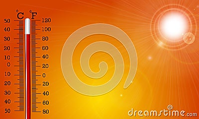 Very hot sun and thermometer Vector Illustration