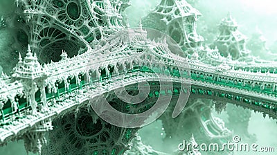 A very intricate looking bridge with green and white colors, AI Stock Photo