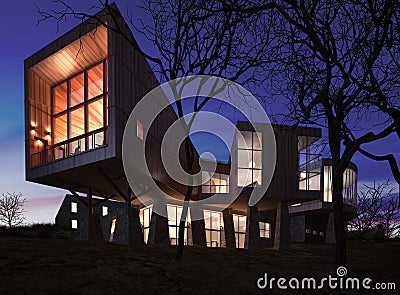 Very modern stylish house made of wood, stone and glass. Stock Photo