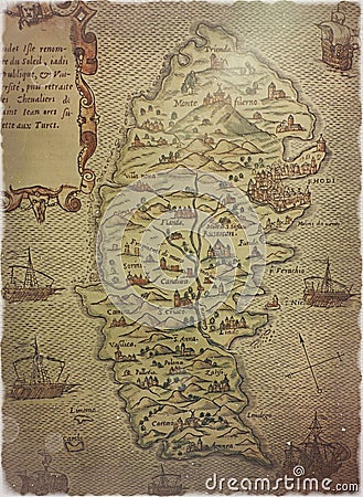 Very old image map of Rhodes island of interesting design that has been preserved and is in the museum of Rhodes in Greece Stock Photo