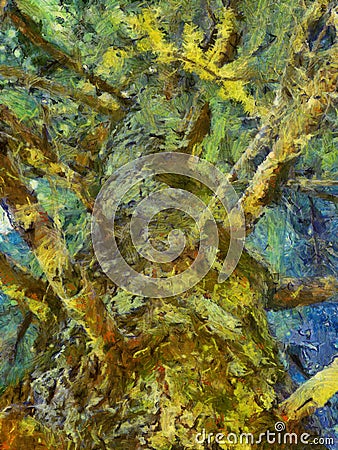 A Very Old Pine Tree, Semi Abstract Oil Painting Style Stock Photo