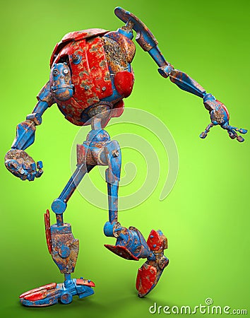 Very old robot running green background Cartoon Illustration