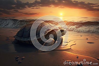 very old turtle clambering out of beach, with the sun setting behind it Stock Photo