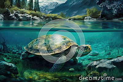 very old turtle swimming in crystal-clear river, with blue water and green banks Stock Photo