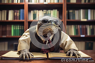 A very old turtle wearing glasses in a library created with generative AI technology Stock Photo