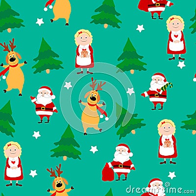 Very positive Christmas seamless pattern on a green background. Santa Claus, Mrs Santa Claus, deer and many trees. Vector Illustration
