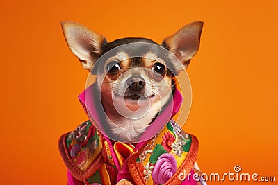 Very rich cute dog in bright clothes smiling proudly, concept of Fancy Furry Stock Photo