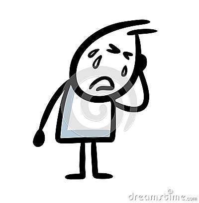 Very sad cartoon stickman crying with tears. Vector Illustration