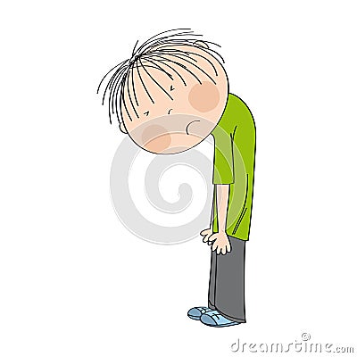 Very sad and depressed little boy, standing with his back bent down looking lonely - original hand drawn illustration Vector Illustration